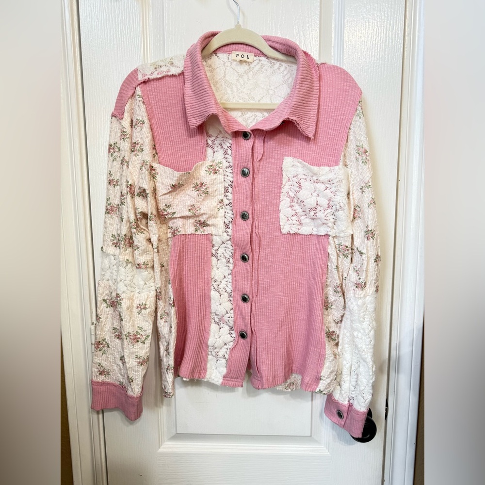 H175 New POL S pp24 Pink and Cream Patchwork detail Lace Button-Up Jacket Top - Picture 6 of 16